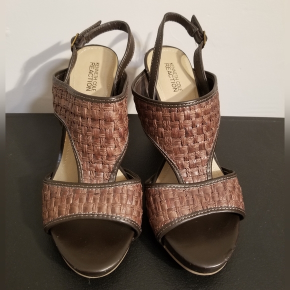 KENNETH COLE REACTION BROWN WOVEN CORK BLOCK HEELS SANDALS DAZEY SEXY BUCKLE 9 - Picture 4 of 8